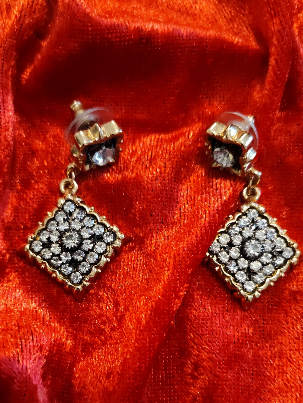 Vintage Stunning Rhinestone Encrusted Black Enamel Dangle Earrings